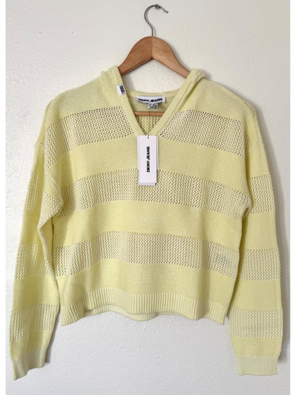 DKNY JEANS NWT POINTELLE STRIPE LEMON LIGHT COTTON HOODED SWEATER. SIZE S - Picture 7 of 11